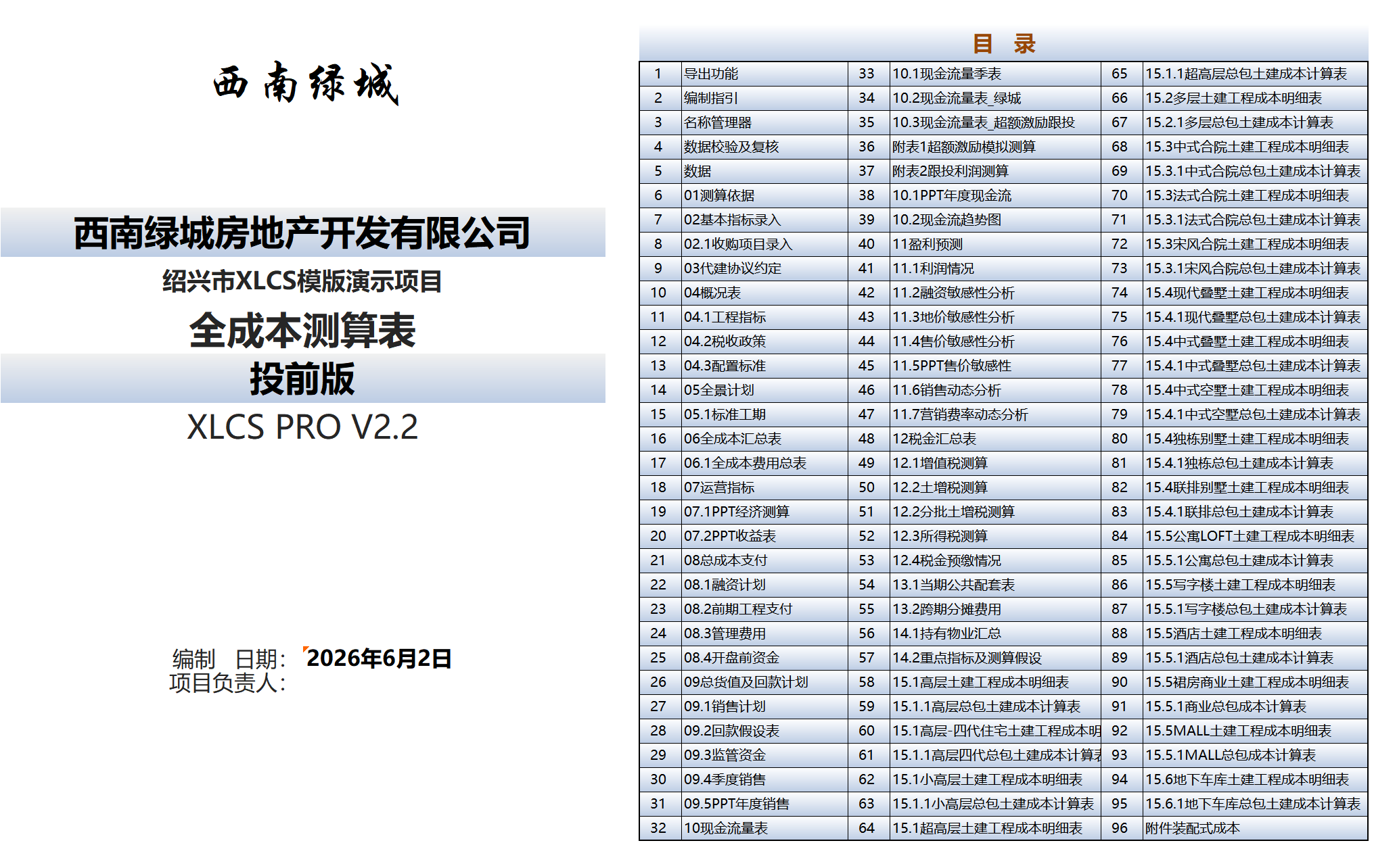 XLCS PRO 西绿项目全成本测算多地块版目录