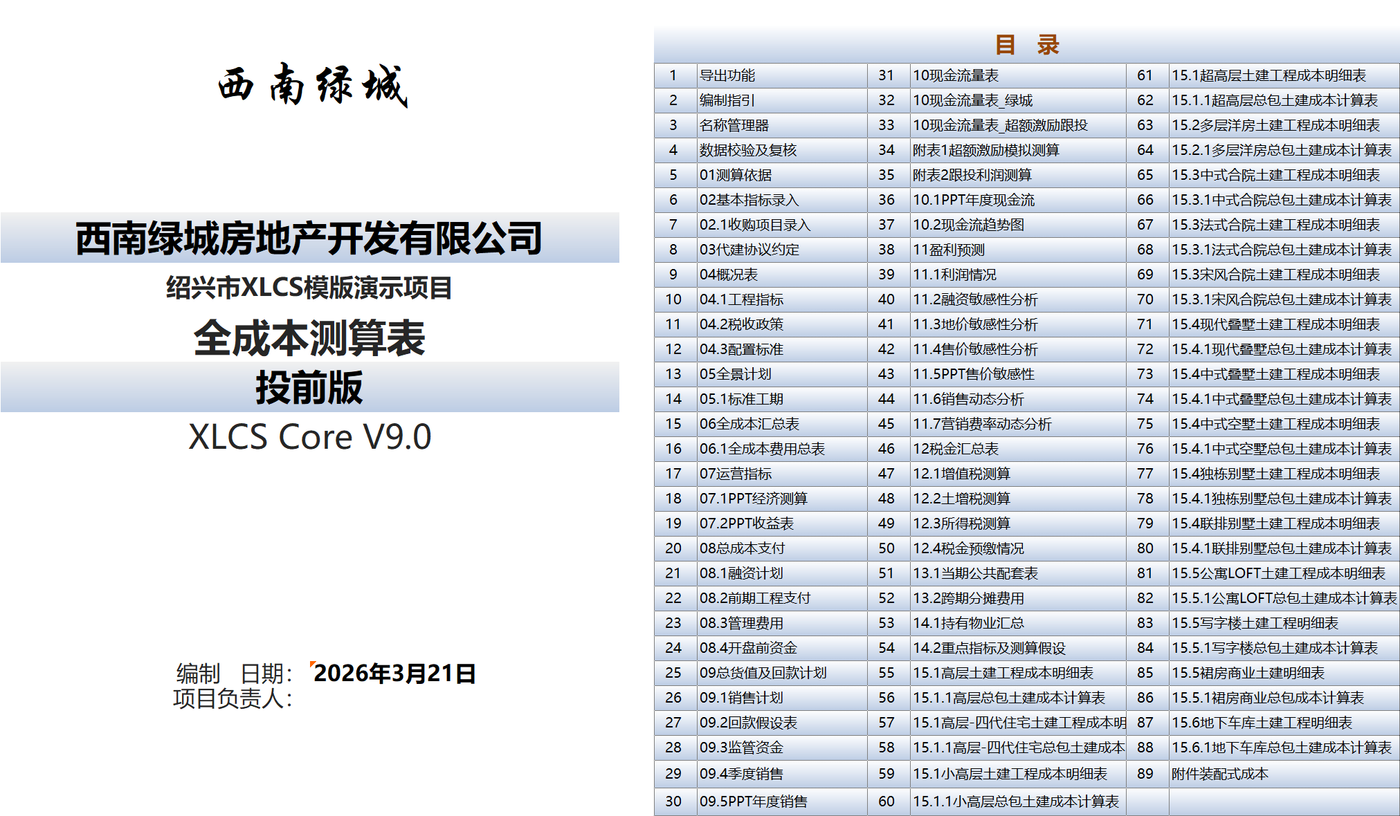 XLCS Core 西绿项目全成本测算正式版预览