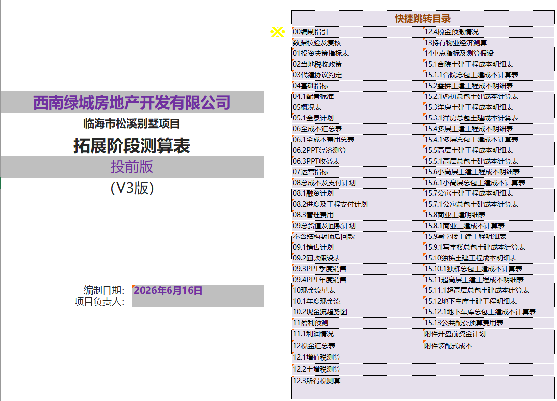 XLCS房产项目全成本测算模板V3预览 测算成果汇总页面预览