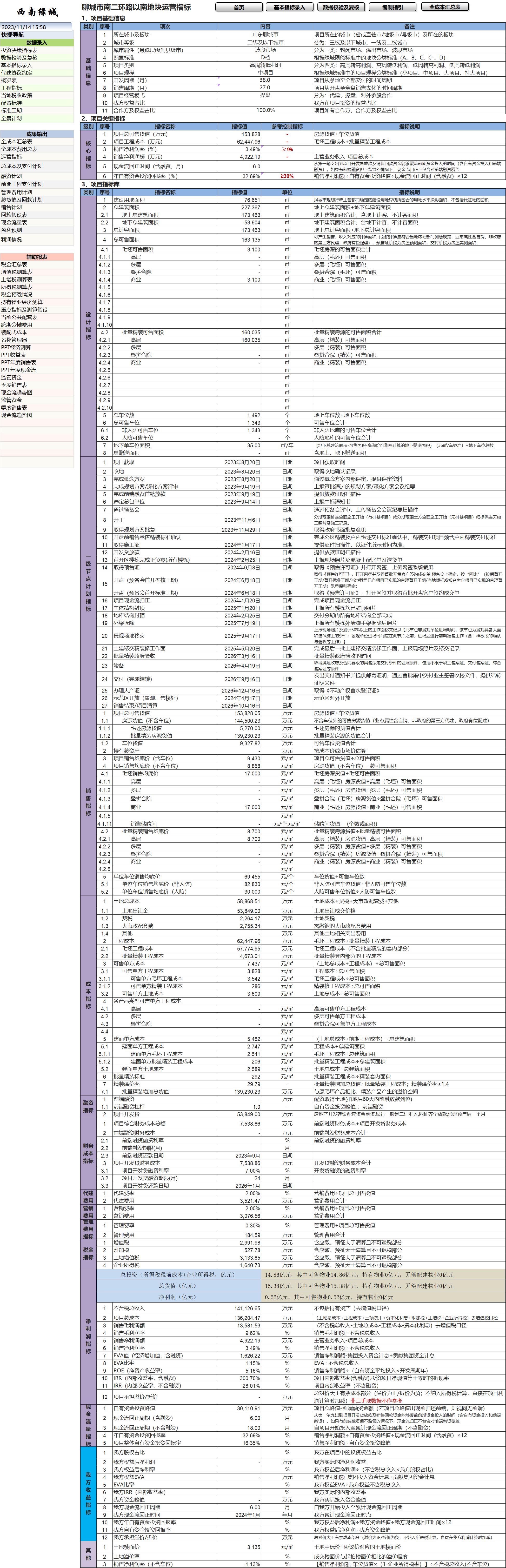 XLCS房产全成本测算模版-运营指标页面展示